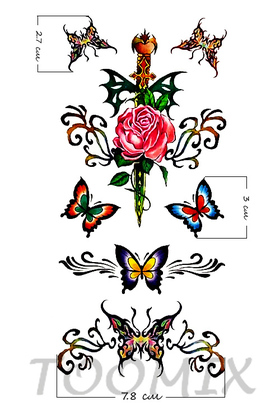Татуировка переводная «Кинжал с розой, бабочки»