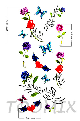 Временное тату на тело «Сердце с синими крыльями, бабочки, розы»